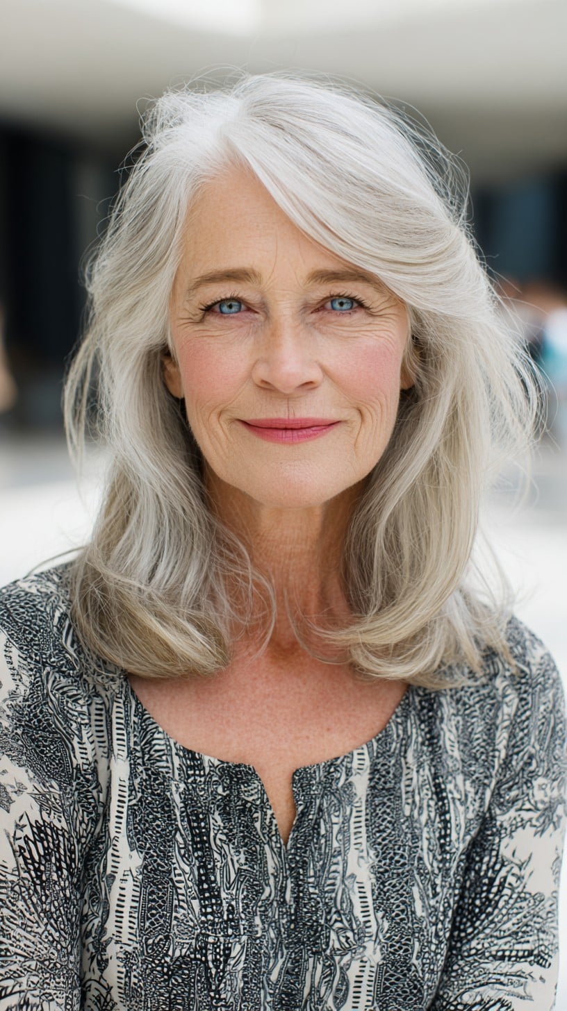 Polished Side-Swept Layered Lob in Natural Grey