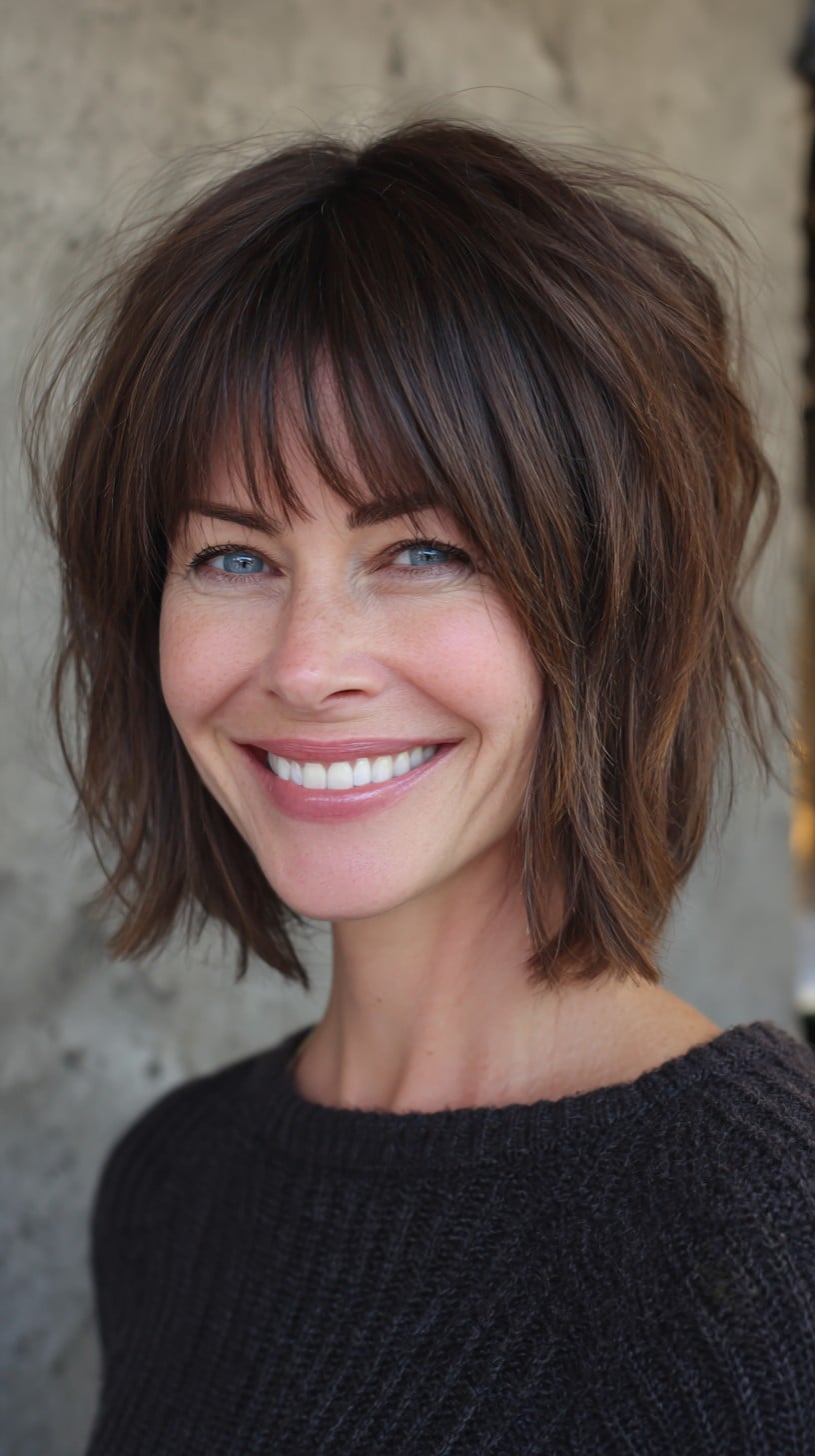 Razor-Textured Chin-Length Bob with Airy Brow-Grazing Fringe and Root Lift