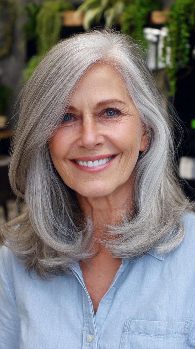 Root-Shadowed Silver Shoulder Layers with Long Side-Swept Fringe