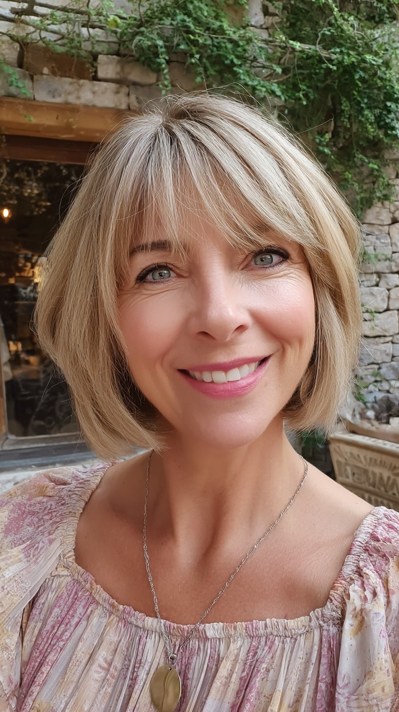 Rounded Bronde Chin-Length Bob with Sheer Wispy Fringe