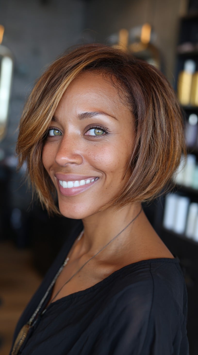 Rounded Chin-Length A-Line French Bob with Caramel Framing Highlight