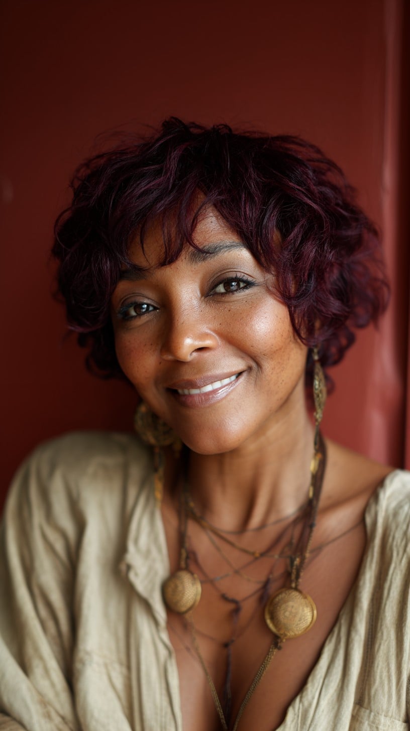 Short Burgundy French Bob with Wispy Micro-Fringe