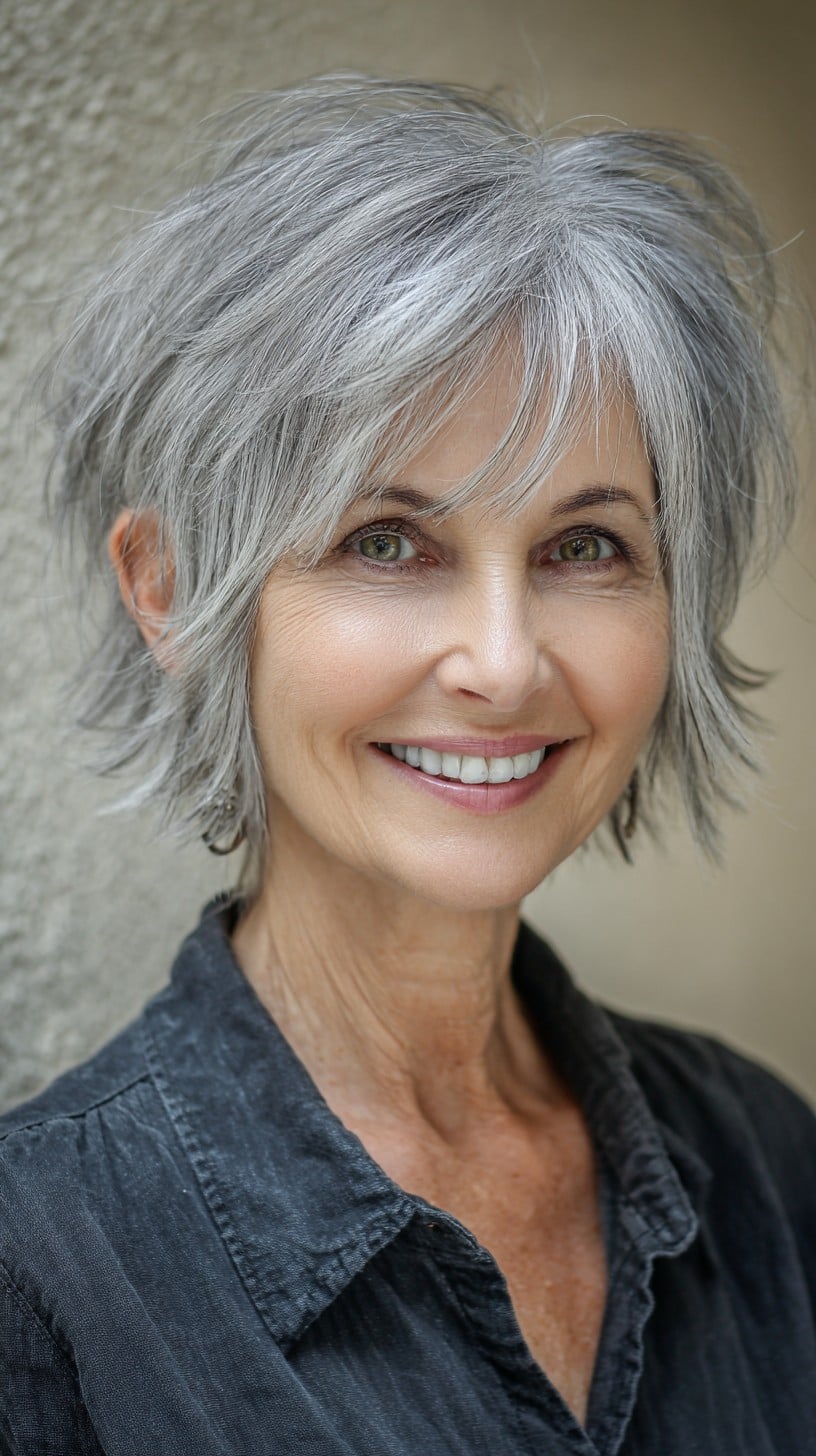 Short Choppy Silver Shag with Delicate Face-Framing Fringe