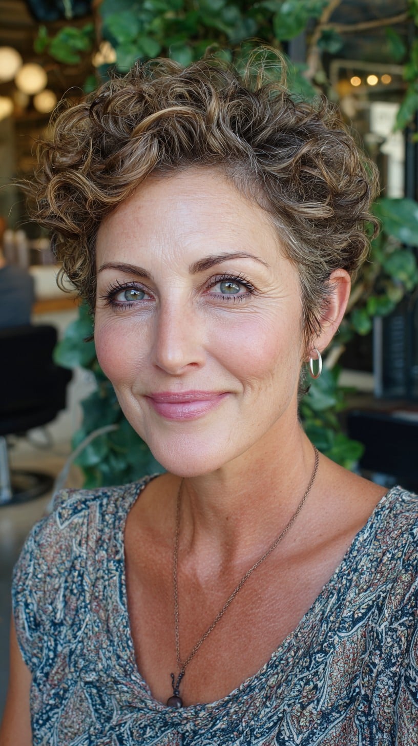 Short Curly Pixie with Tapered Sides and Bronde Babylights