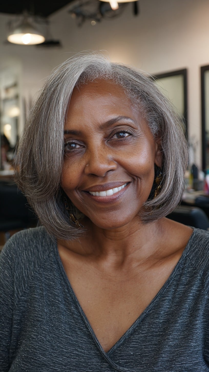 Silver-Gray French Bob with Rounded Perimeter and Deep Side Part