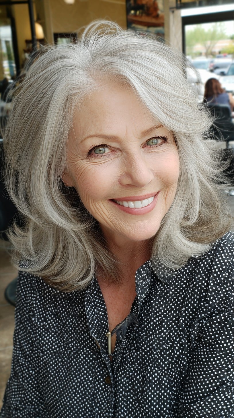 Silver Layered Shoulder-Length Blowout with Root Shadow
