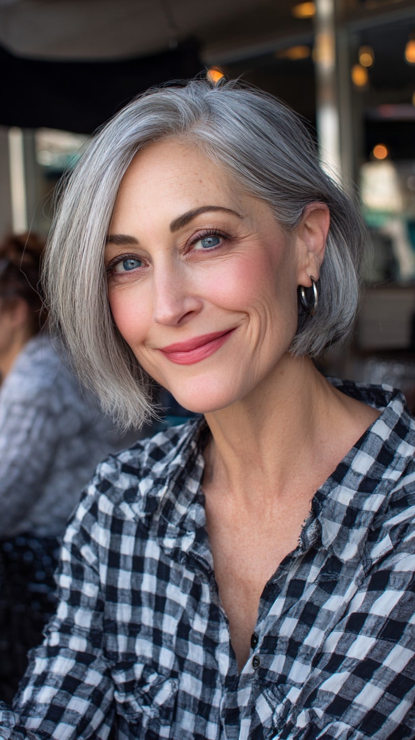 Soft Diagonal Chin-Grazing Bob with Silver Melt