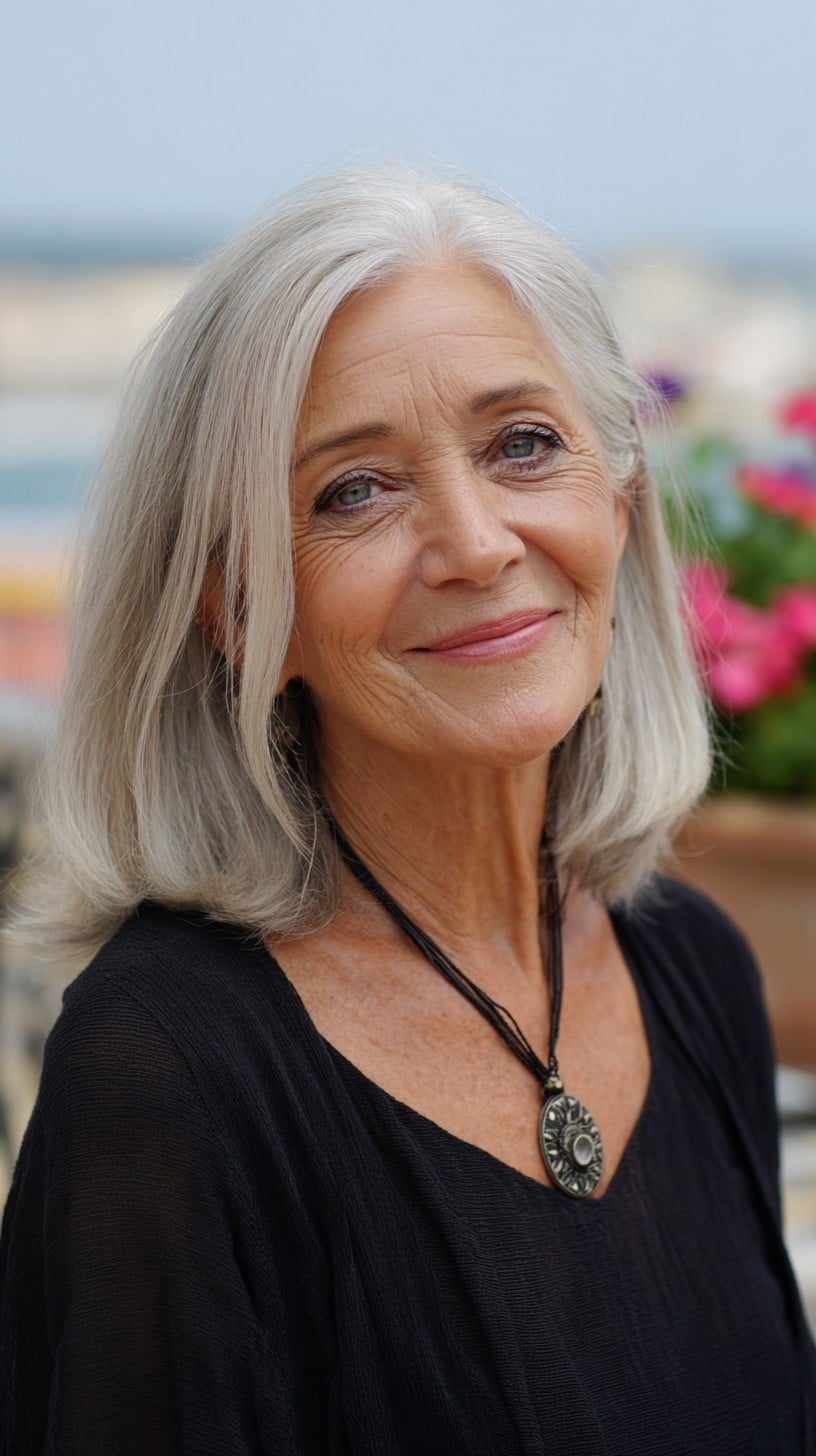 Silver Shoulder-Length Cut with Blunt Perimeter and Subtle Face-Framing Layers