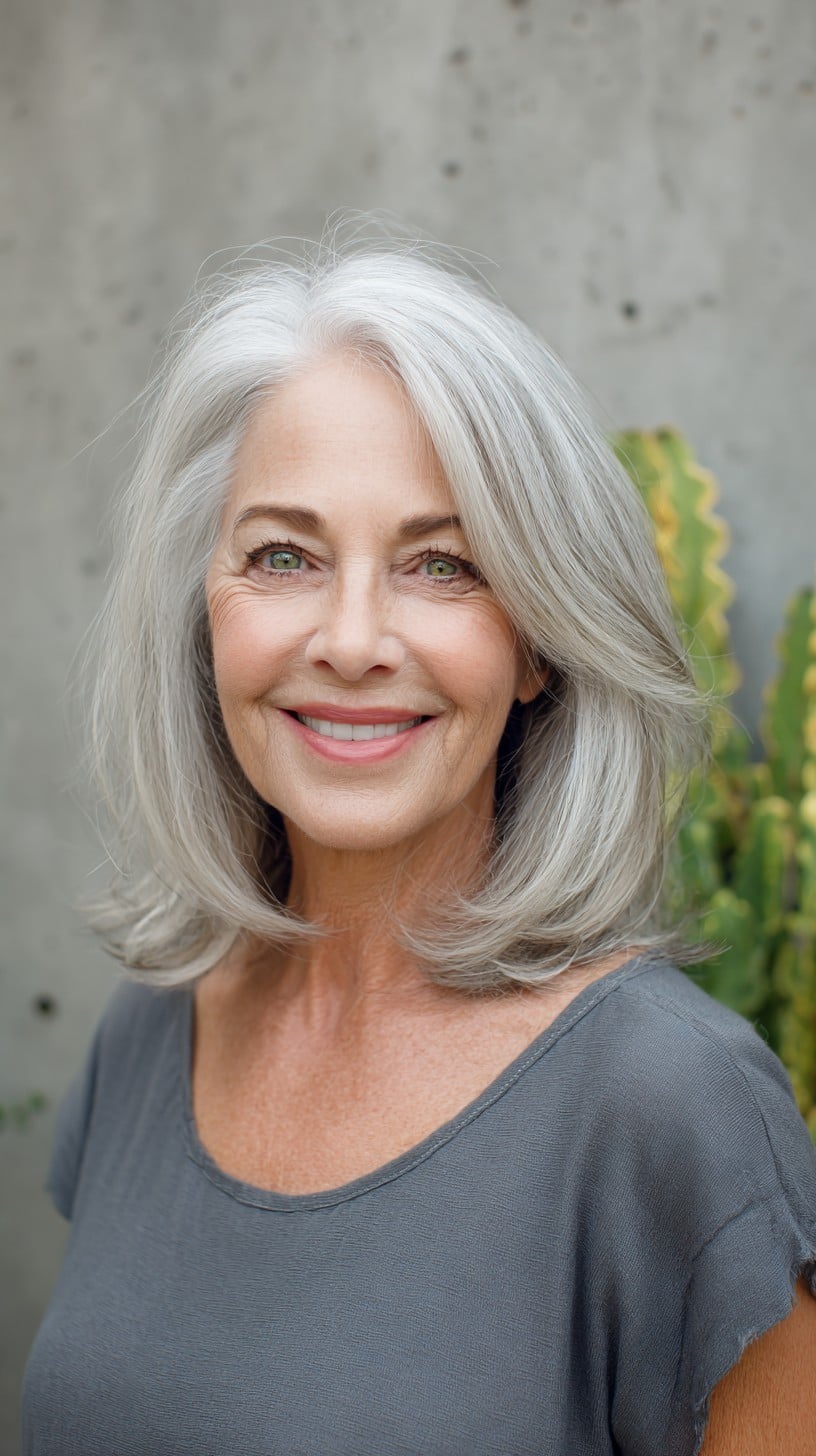 Silver Shoulder-Length Layered Lob with Subtle Internal Graduation