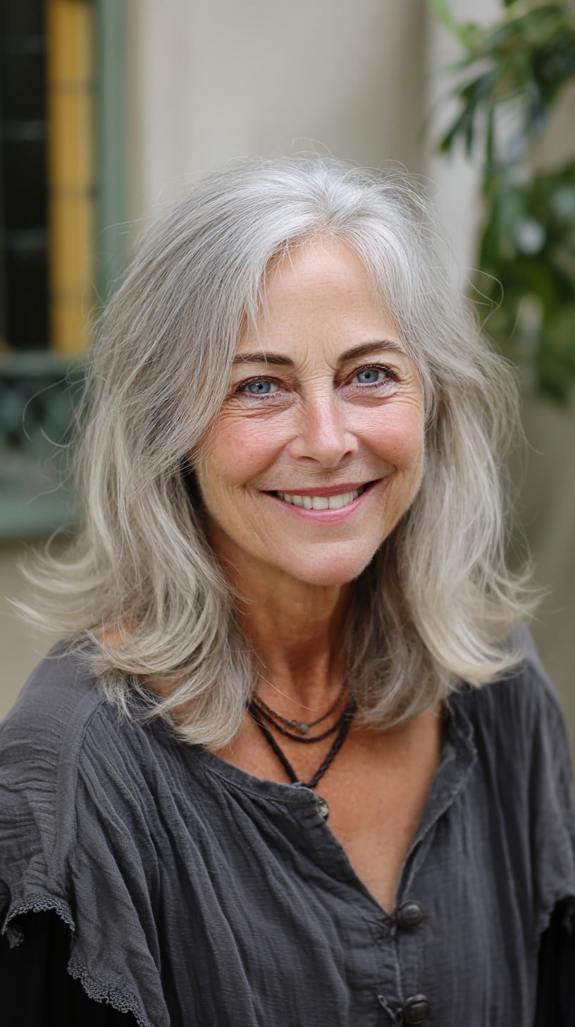 Silver Shoulder-Length Layers with Crown Lift and Wispy Face-Framing