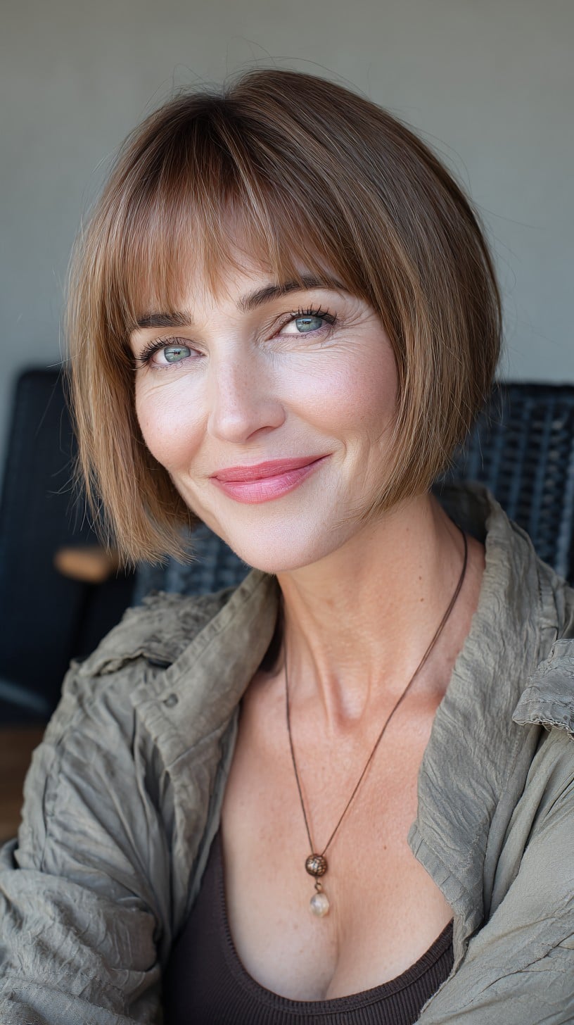Sleek Chin-Length Rounded Bob with Sheer Brow-Grazing Fringe
