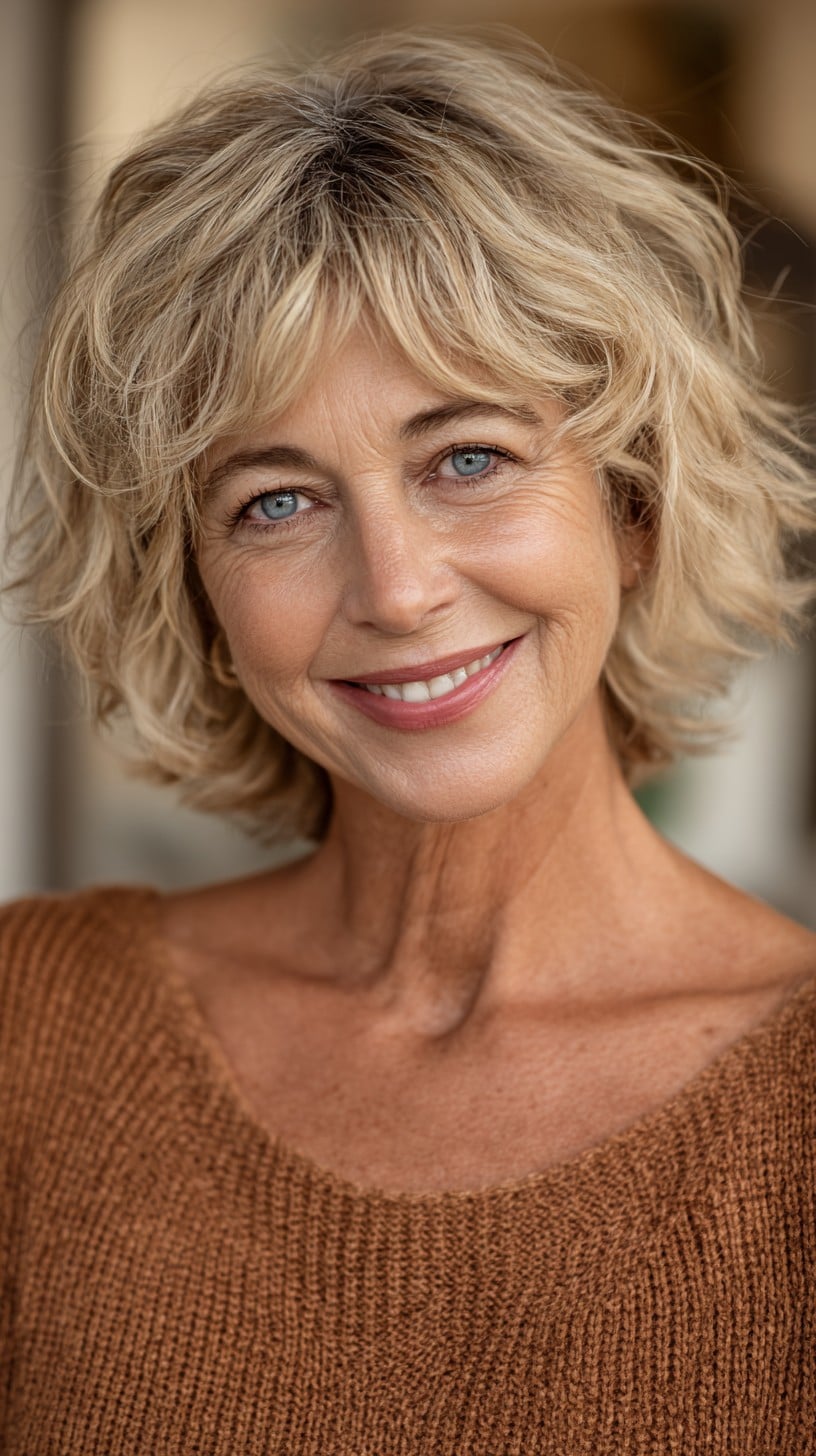 Soft Blonde Feathered Shag with Subtle Root Shadow