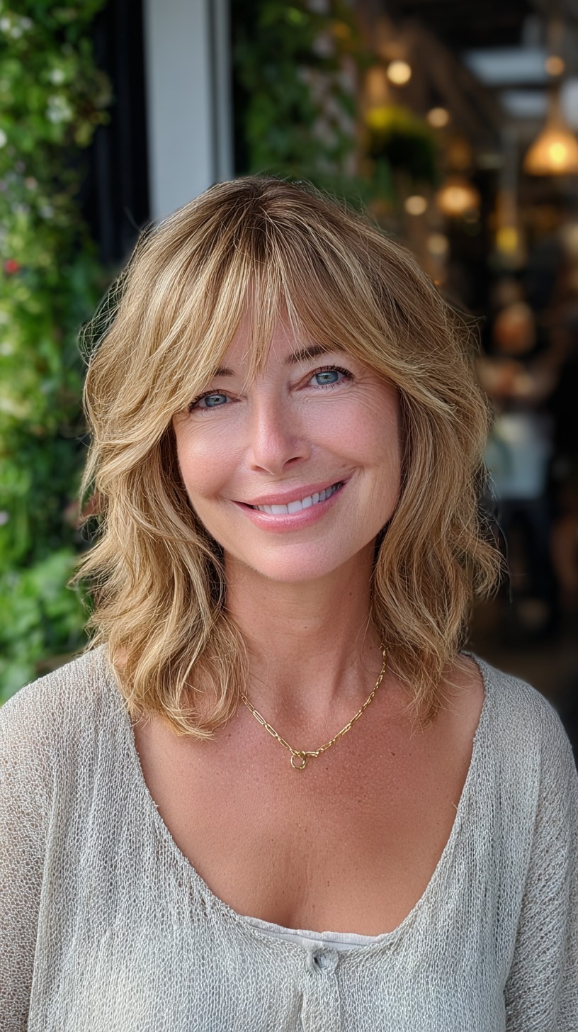Soft Bronde Shag with Piecey Curtain Fringe and Subtle Root Shadow