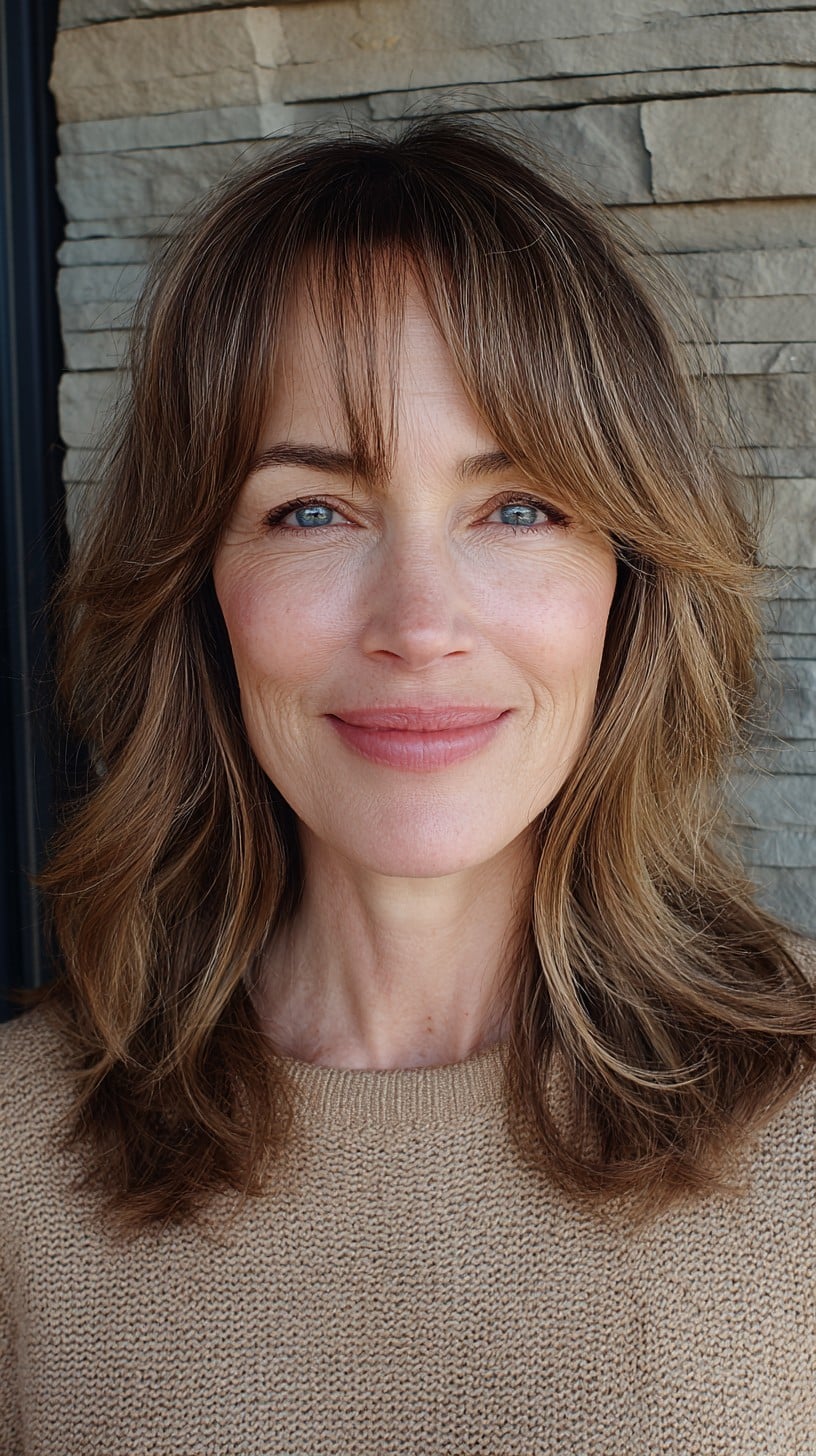 Soft Bronde Shoulder-Grazing Layers with Airy Center Fringe