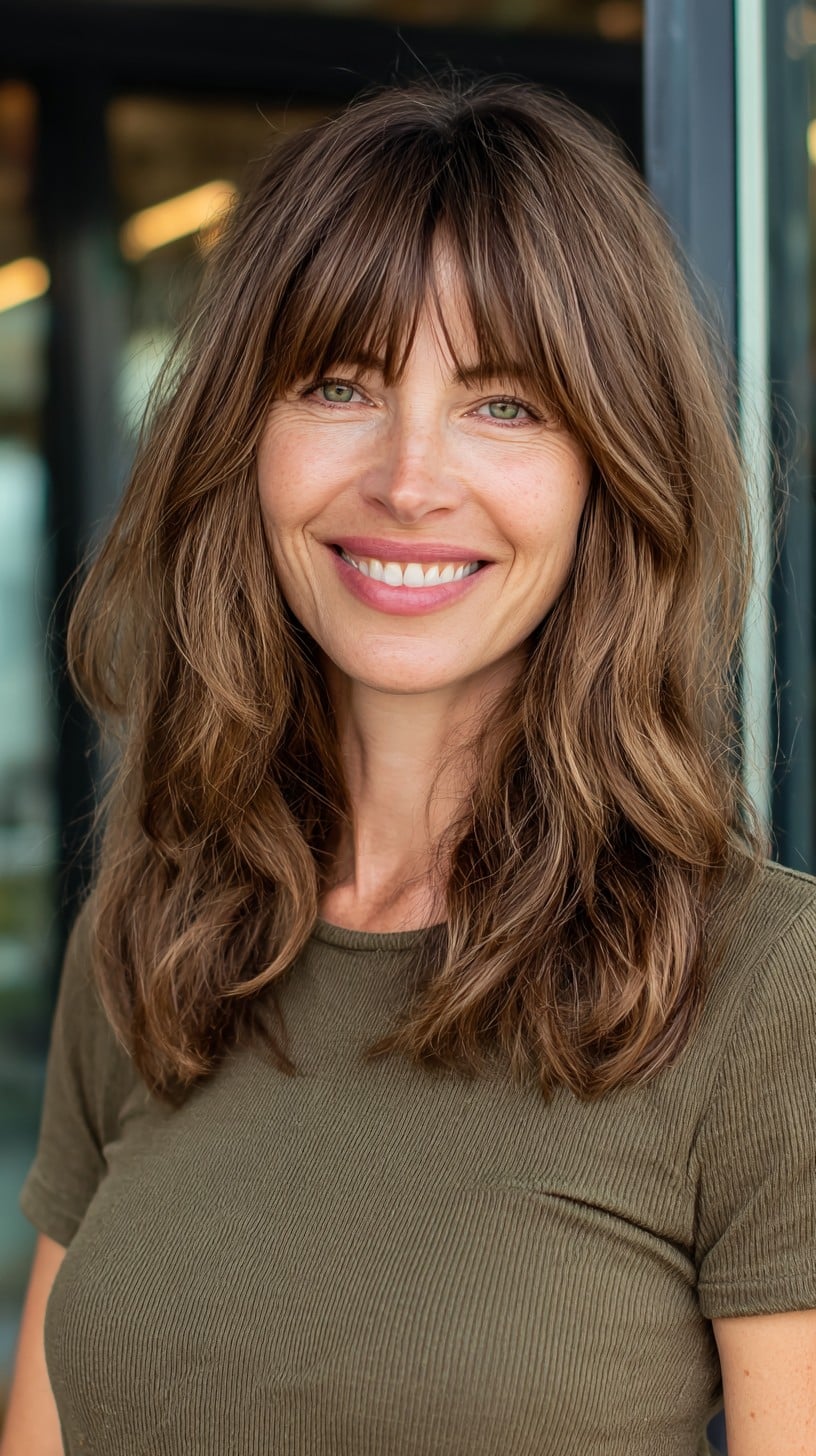 Soft Brunette Shoulder-Grazing Lob with Wispy Brow-Length Bangs