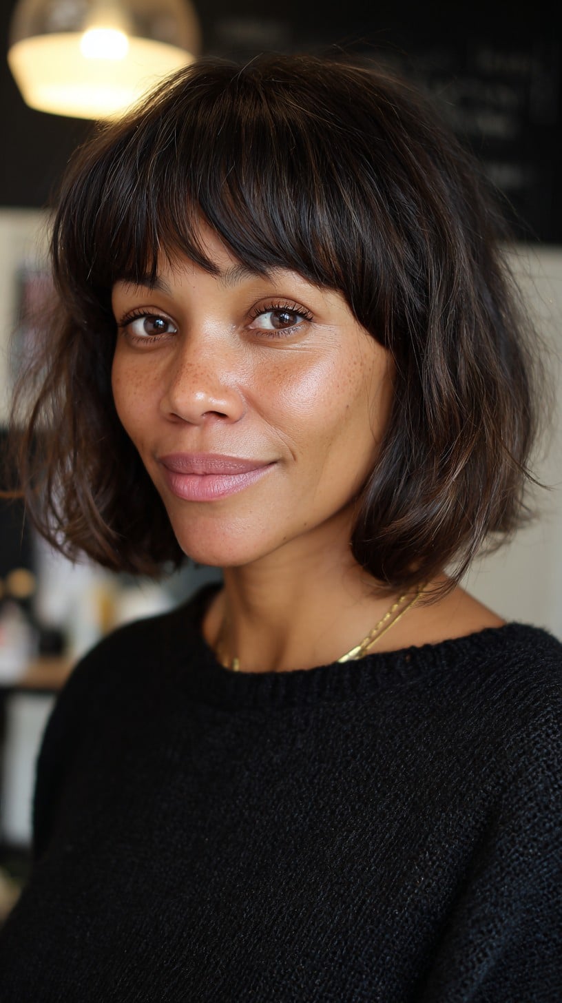 Soft Chocolate Wavy French Bob with Broken Micro Fringe