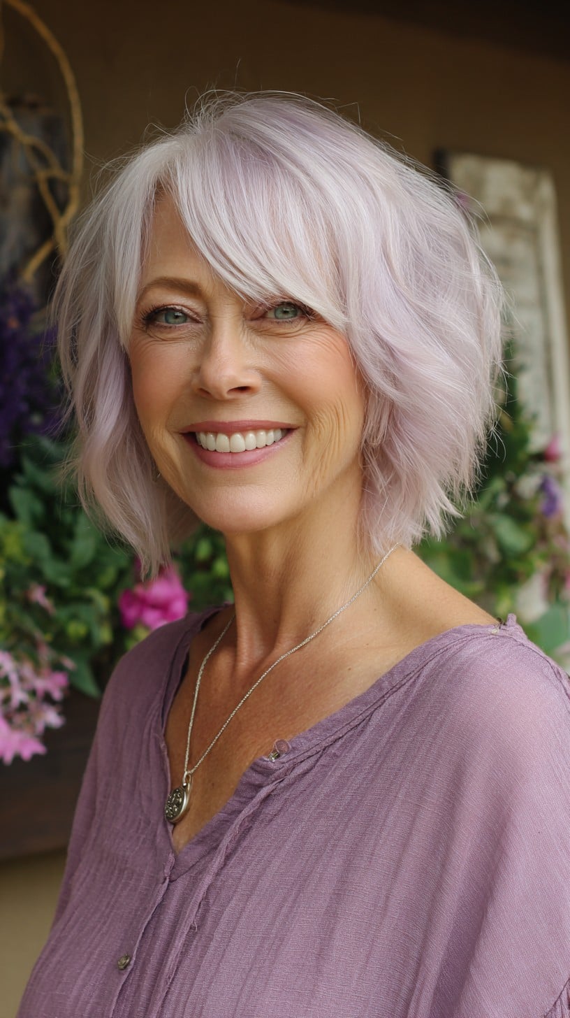 Soft Lavender Feathered Shag with Side-Swept Fringe