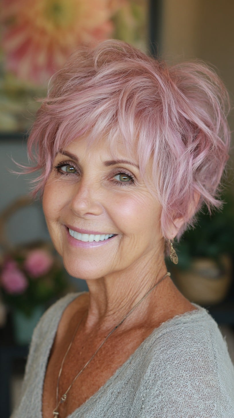 Soft Pastel Rose Pixie Shag with Feathered Crown