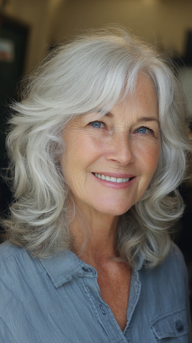 Soft Silver Shoulder-Grazing Layers with Flipped Ends and Side-Swept Fringe
