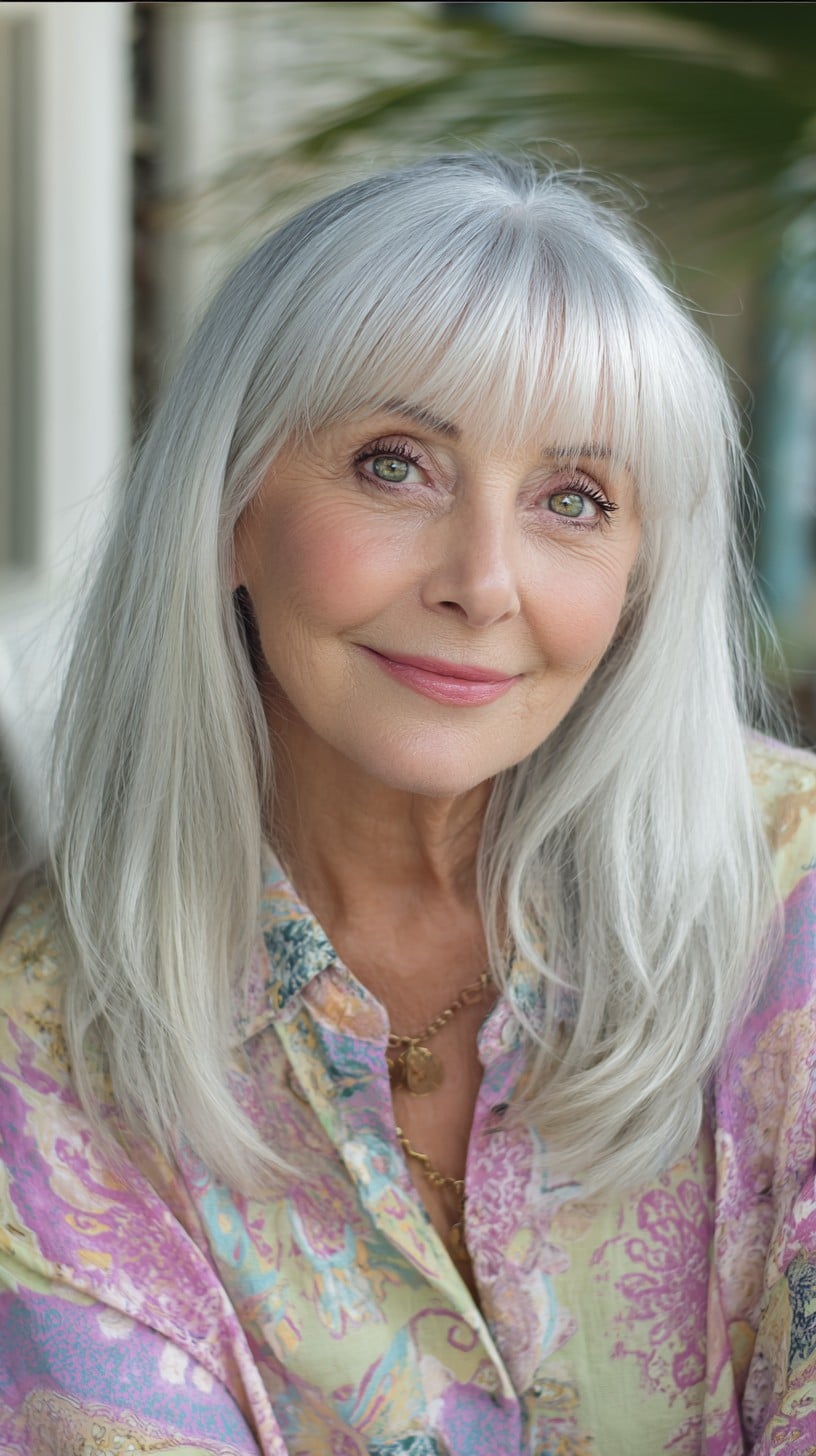 Soft Silver Shoulder-Grazing Layers with Wispy Curtain Bangs