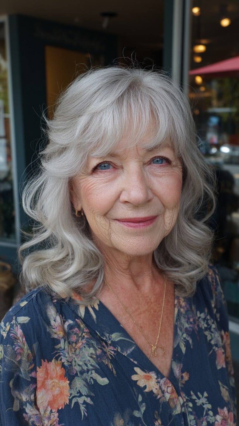 Soft Silver Shoulder-Grazing Waves with Face-Framing Feathered Bangs