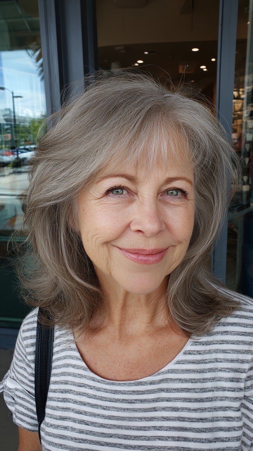 Soft Silver Shoulder-Length Layers with See-Through Fringe