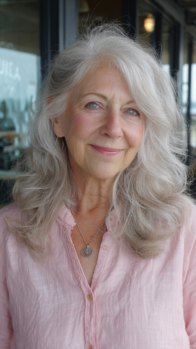 Soft Silver Side‑Swept Long Layers with Lifted Face‑Framing