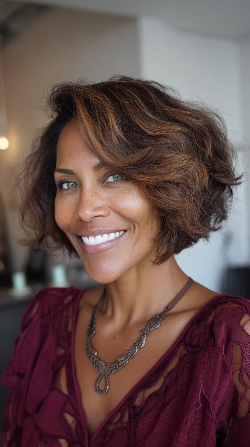 Softly Stacked French Bob with Warm Caramel Balayage