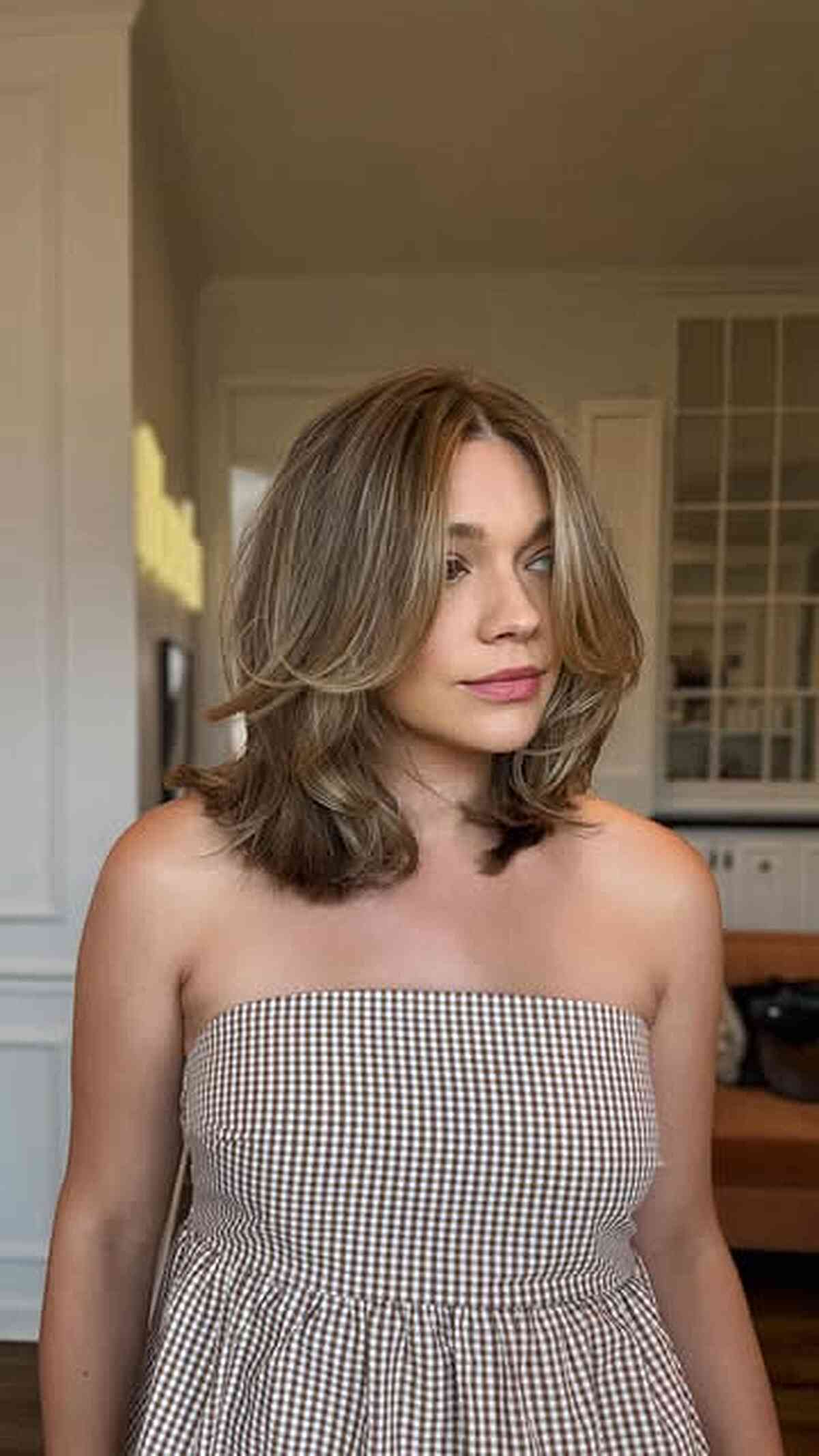 Stylish Bronde Lob with Curtain Bangs
