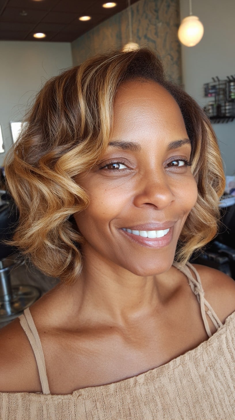 Sunlit Caramel French Bob with Face-Framing Balayage