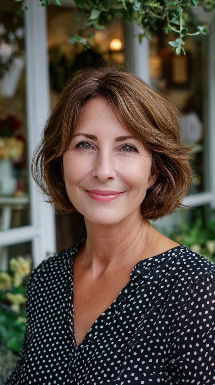 Sunlit Chestnut Textured Chin-Length Bob with Gentle Curtain Layers