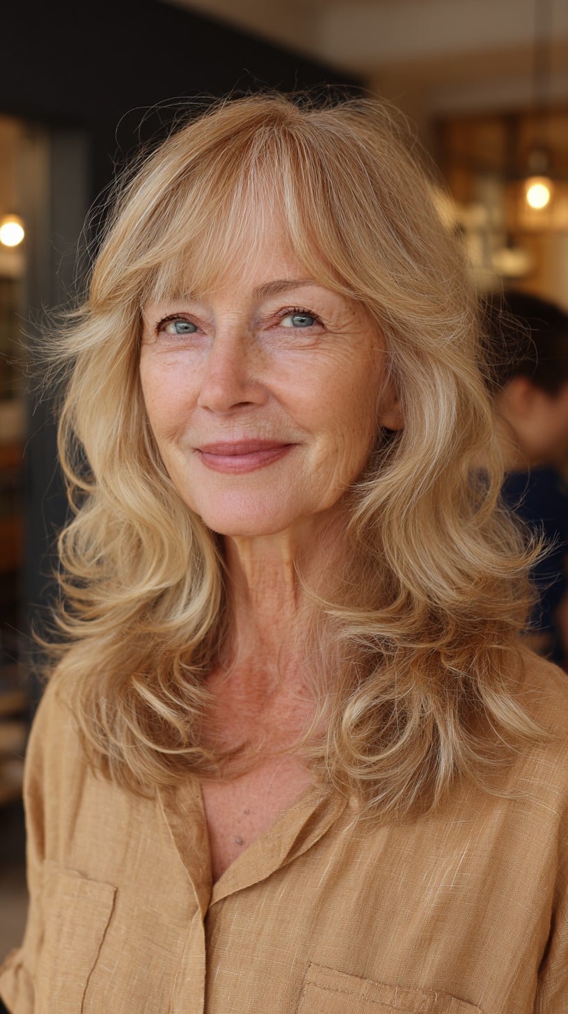 Sunlit Layered Blonde Shag with Wispy Curtain Fringe