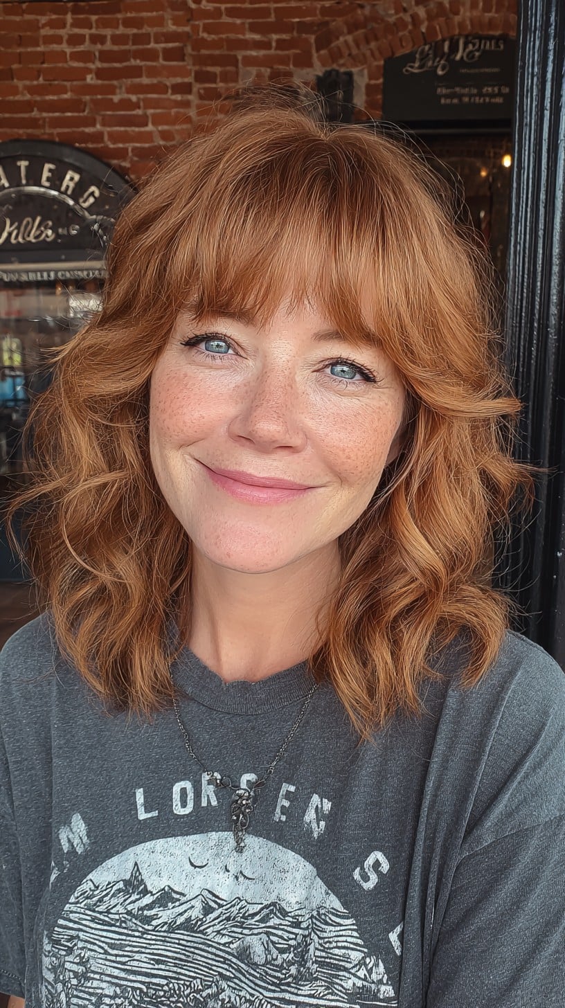 Sunset Copper Shoulder-Length Lob with Soft Blended Fringe and Cheekbone-Grazing Layers