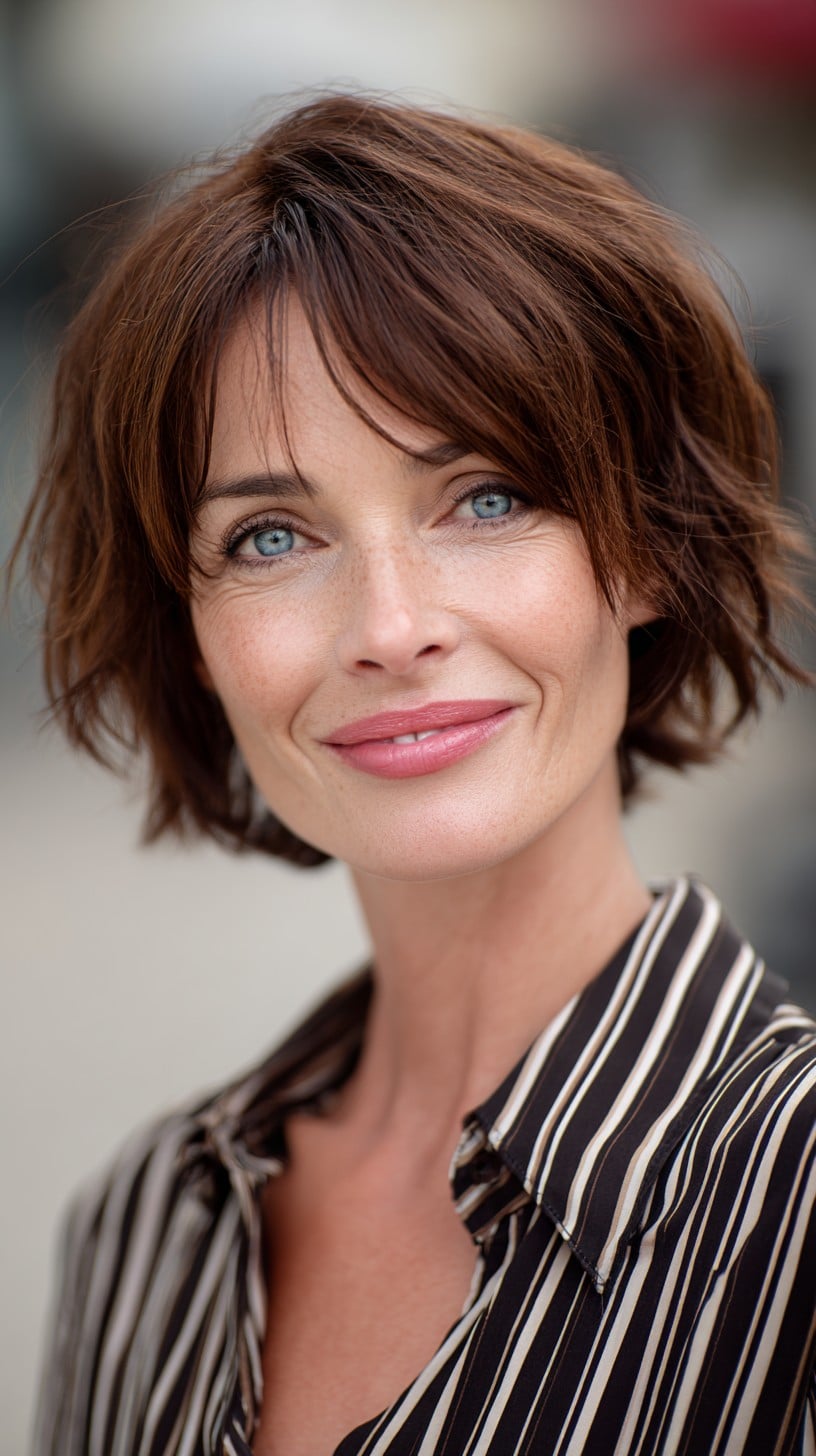 Textured Chocolate Short Bob with Curtain Bangs