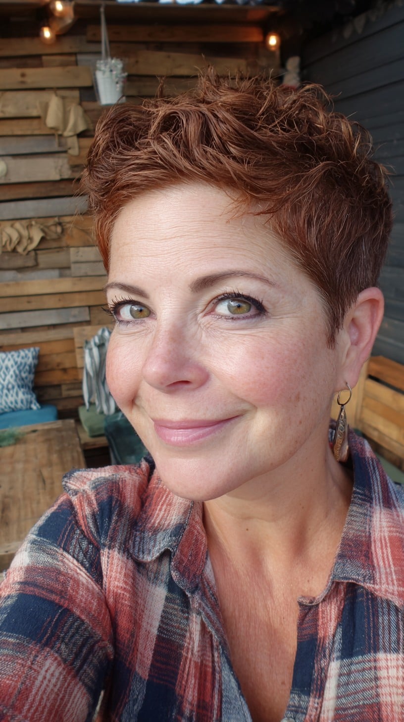 Textured Copper Pixie with Crown Lift and Soft Taper