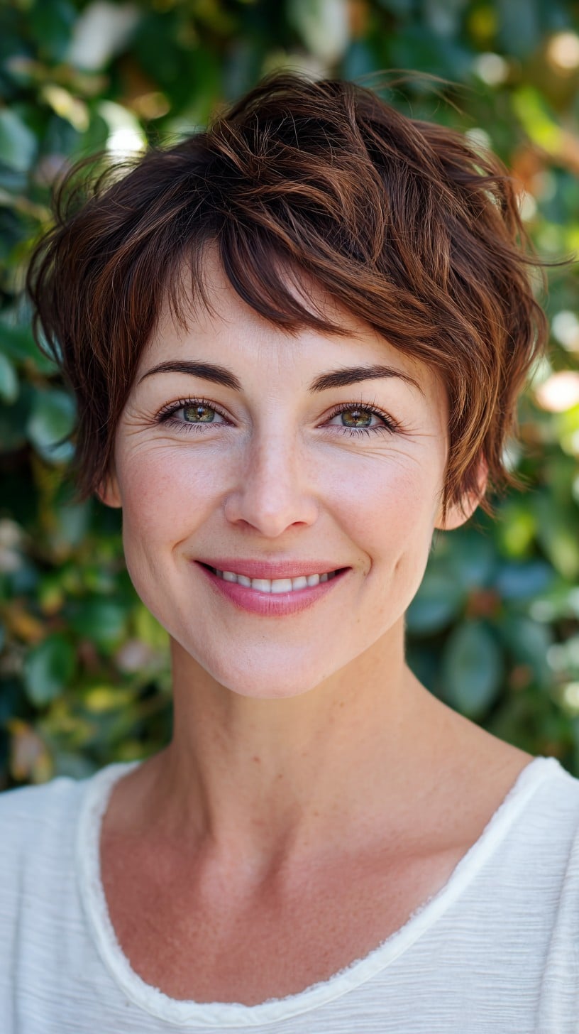 Textured Short Crop with Soft Micro-Bangs and Feathered Sides