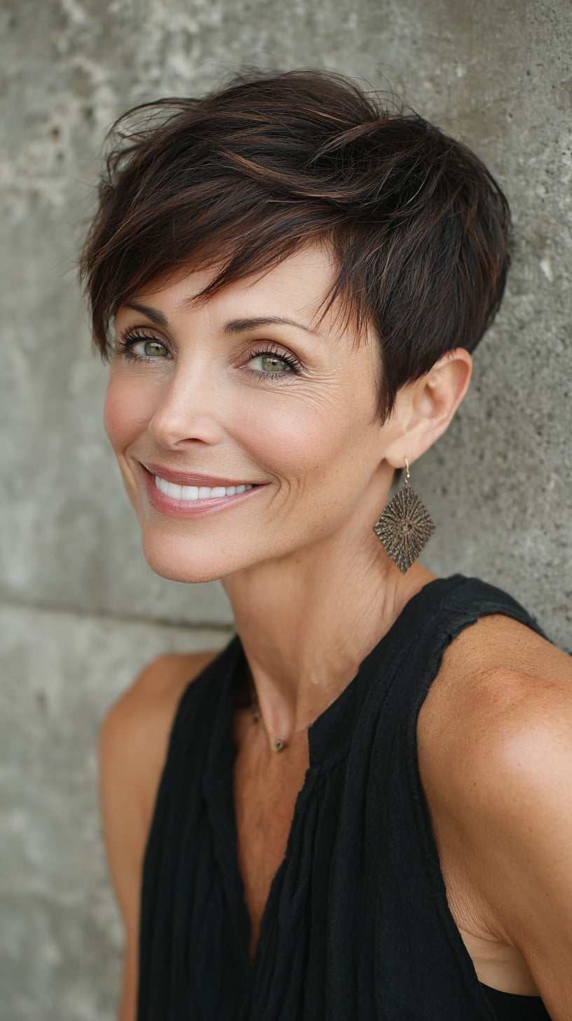 Textured Short Pixie with Diagonal Fringe and Caramel Babylights