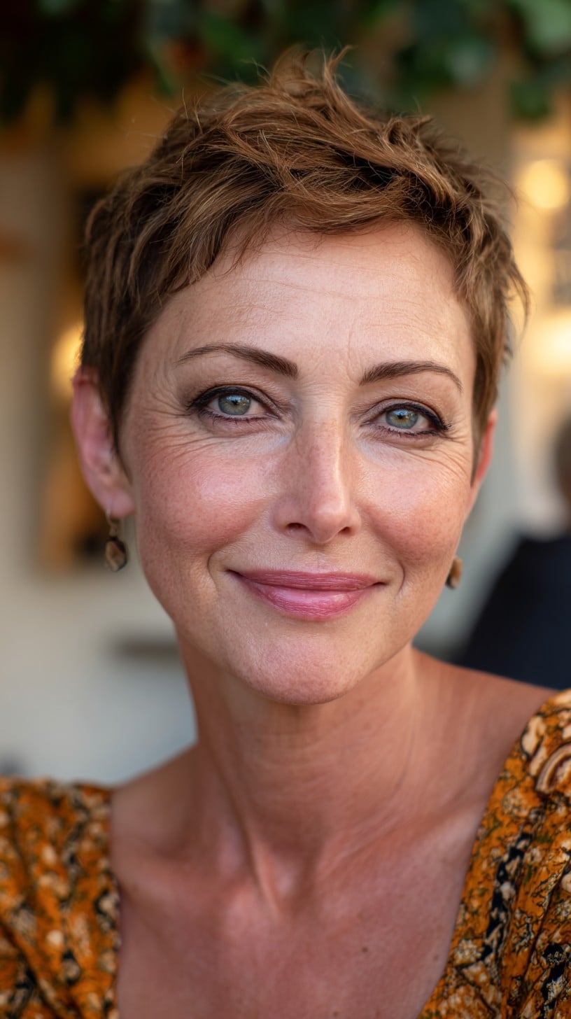 Textured Short Pixie with Forward Cowlick and Soft Babylights