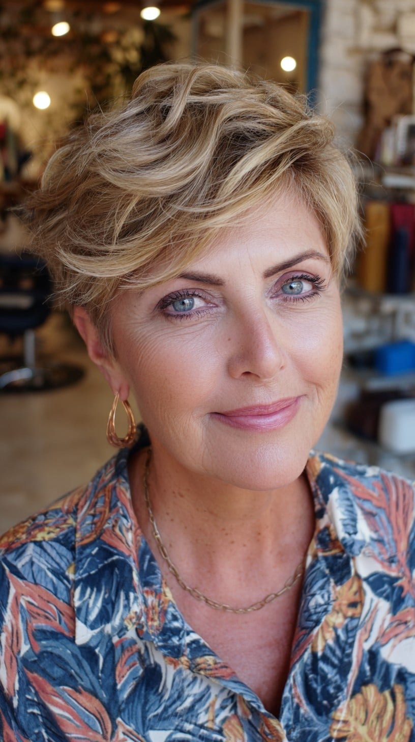 Tousled Short Layered Pixie with Diagonal Fringe and Natural Crown Lift