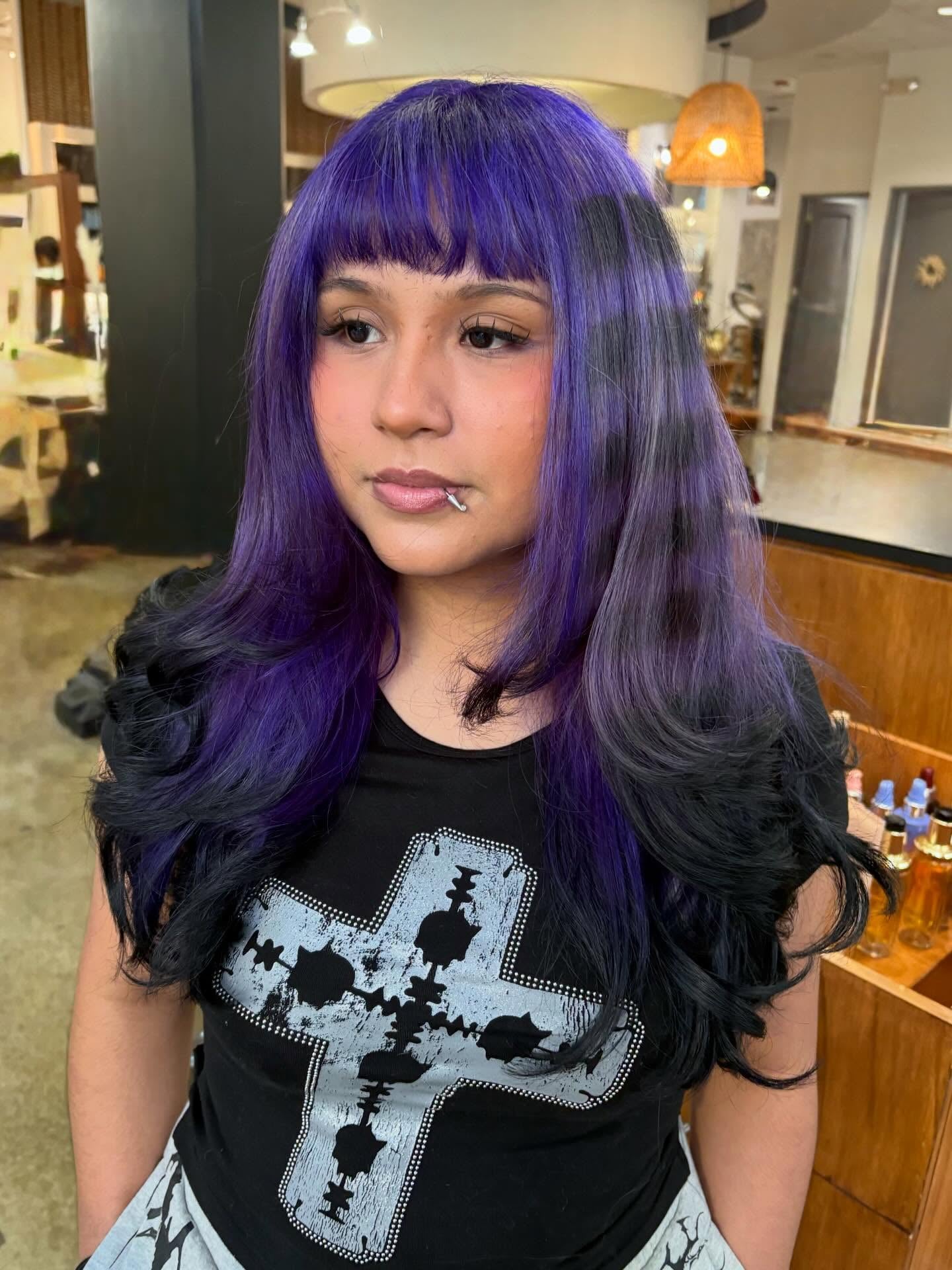 Vivid Purple-to-Black Butterfly Cut with Micro Blunt Fringe