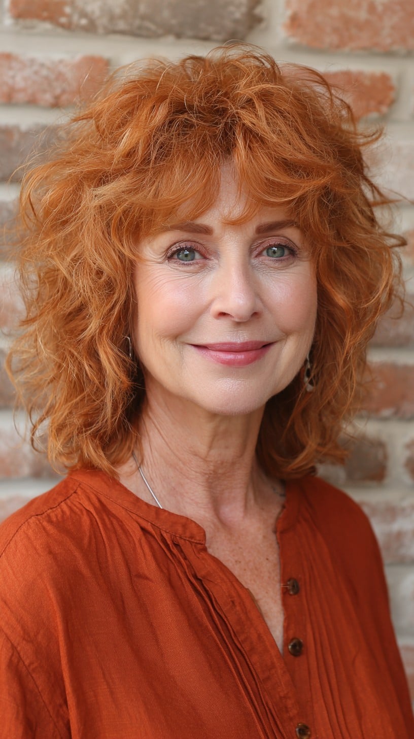 Voluminous Copper Red Curly Shag with Feathered Micro-Fringe