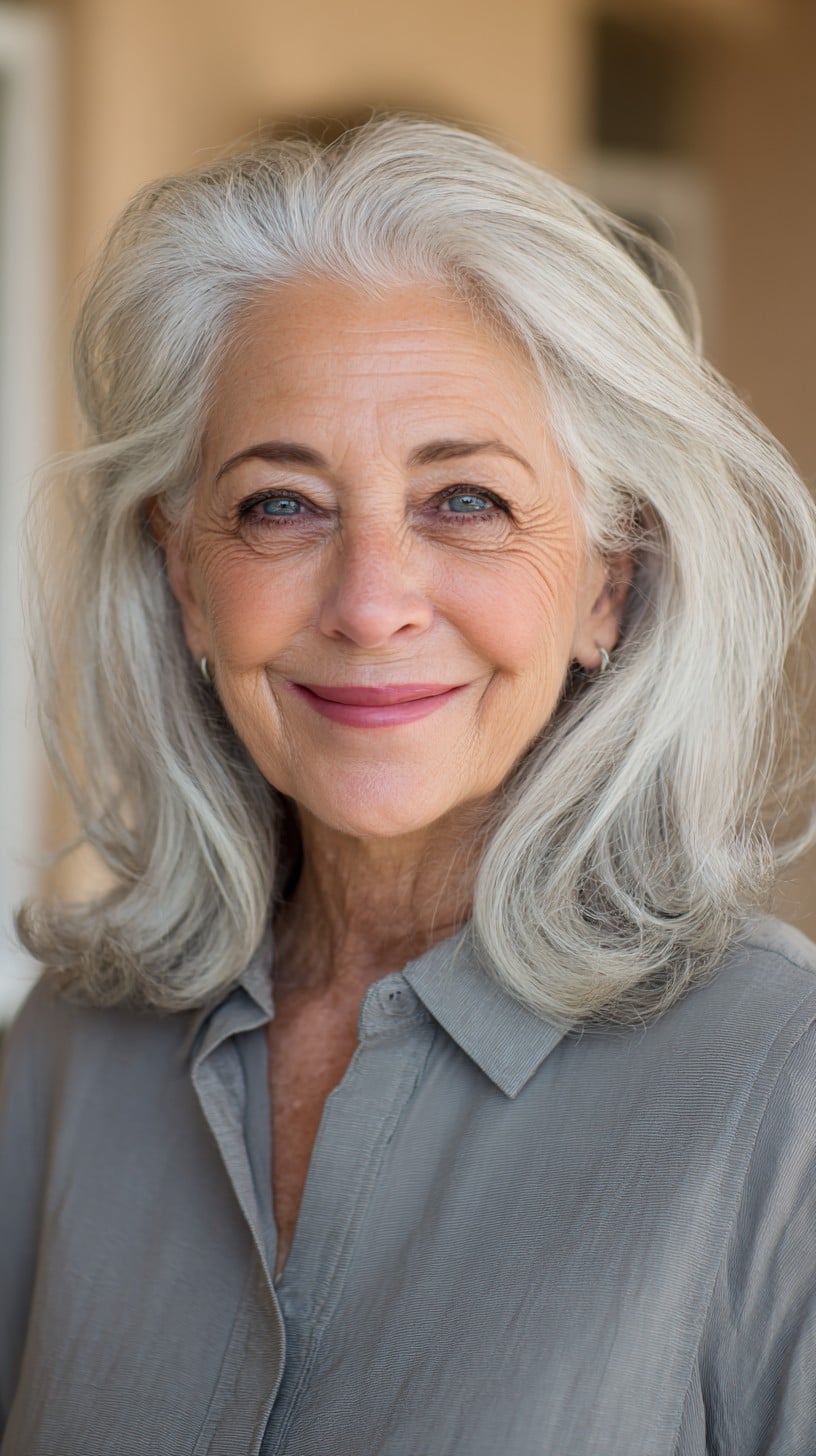 Volumized Mid-Length Grey Layers with Natural Part Lift