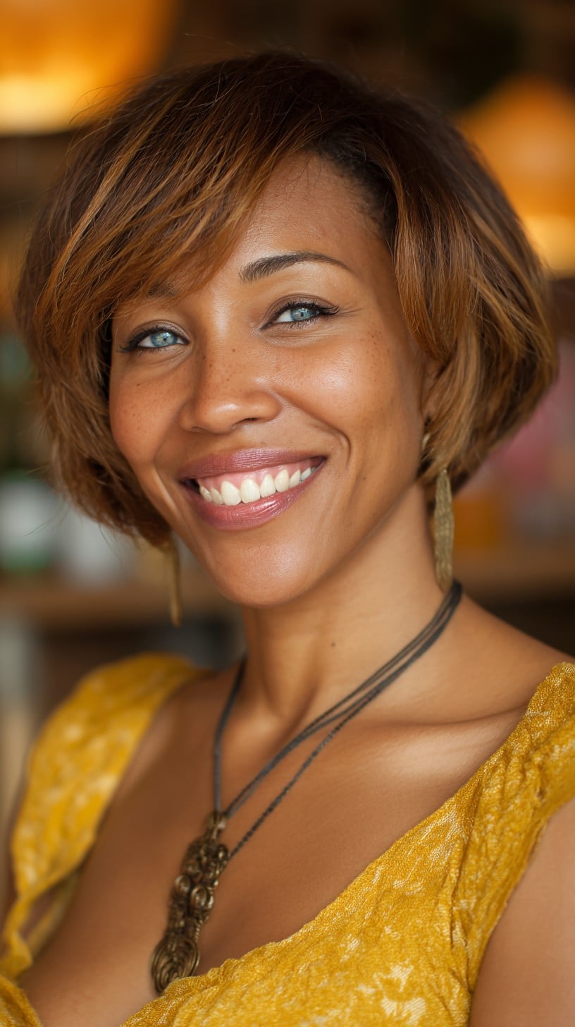 Warm Bronze Angled French Bob with Soft Side Sweep