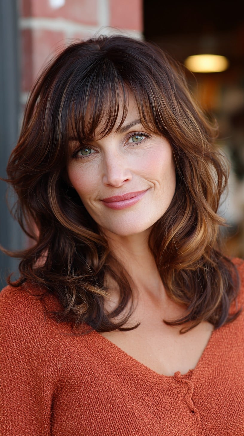 Warm Brunette Mid-Length Shag with Wispy Face-Framing Bangs