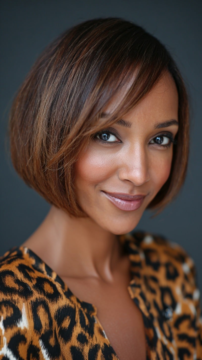 Warm Chestnut French Bob with Face-Framing Micro Highlights