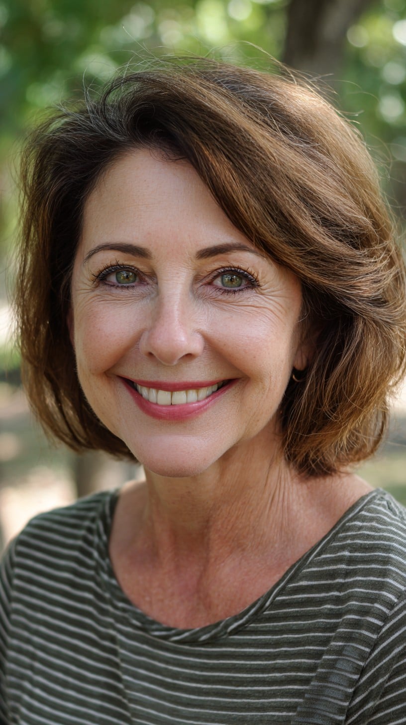 Warm Chestnut Layered Chin-Length Bob with Face-Framing Sweep