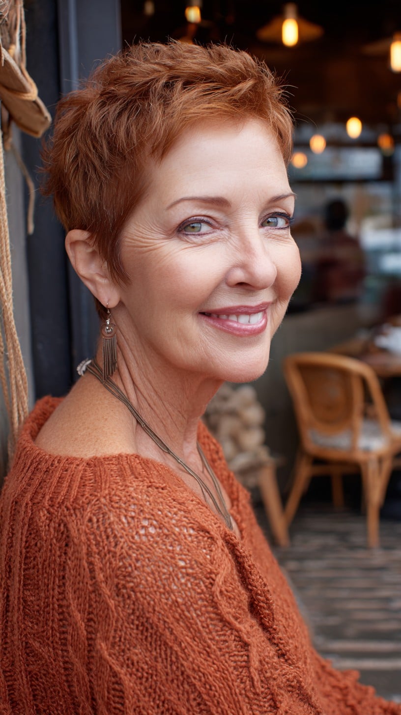 Warm Copper Textured Pixie with Lifted Crown and Tapered Temples