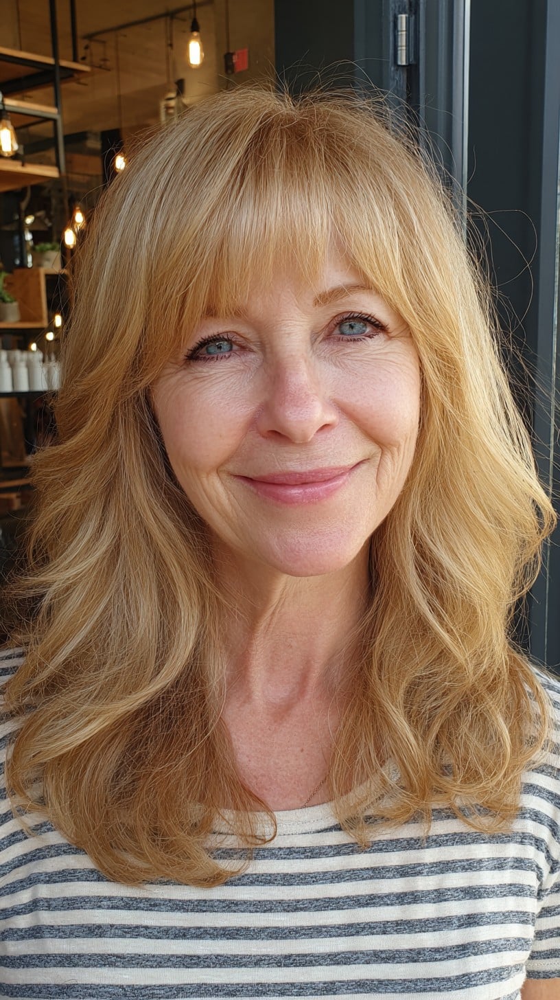 Warm Golden Layered Shag with Wispy Curtain Bangs