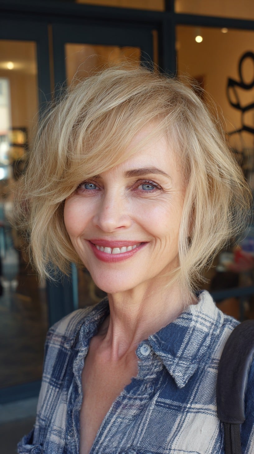Airy Blonde Textured Chin-Length Layers with Long Side Sweep