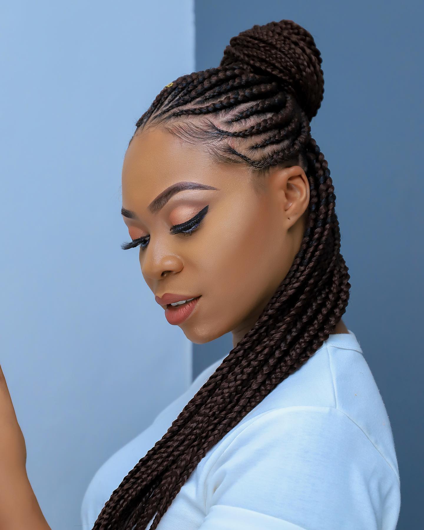 Arched Cornrows with Half-Up Braided Topknot and Long Box Braids